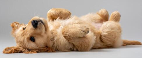 The adorable golden retriever puppy laying on its back in playful pose. photo
