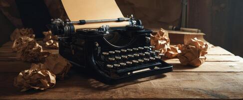 The vintage typewriter sitting elegantly on a rustic wooden desk surrounded by crumpled paper. photo