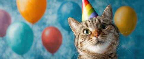 The playful cat celebrating a birthday with a festive party hat and colorful balloons. photo