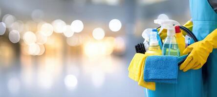 The essential cleaning bucket filled with supplies and tools for maintenance photo