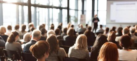 The audience engaged in a professional business presentation within a modern conference setting. photo
