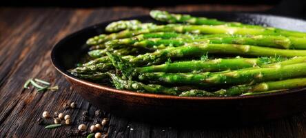 The Fresh Asparagus Plated Elegantly with Herbs and Spices. photo