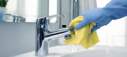 The sparkling faucet being cleaned with a yellow cloth in a bright bathroom. photo