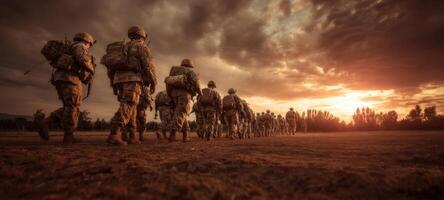 The soldiers marching into the sunset with determination and unity. photo