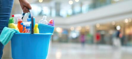 The blue bucket filled with bright cleaning supplies in a busy retail environment. photo