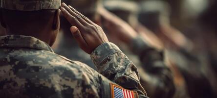 The soldier saluting in formation during a ceremonial military event. photo