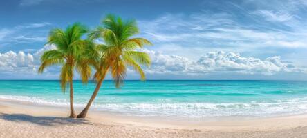 The serene palm trees by the tranquil ocean on a beautiful beach. photo