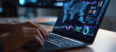 The laptop displaying a dynamic world map and data analytics interface. photo