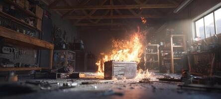 The burning battery in a chaotic workshop environment with scattered tools. photo