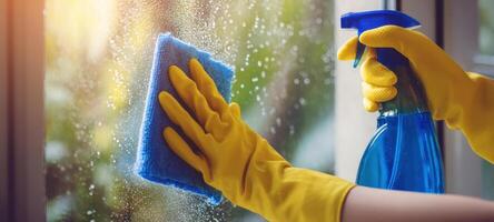 The cleaning process featuring a blue sponge and spray bottle on a window. photo
