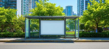 The modern bus stop surrounded by lush greenery in a vibrant urban setting. photo