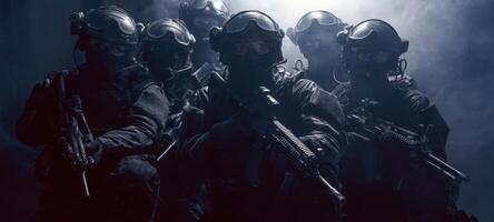The elite soldiers preparing for a high-stakes tactical mission in shadowy atmosphere. photo