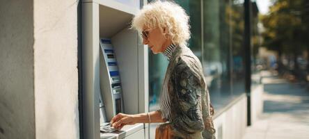 The elderly woman using an ATM in a vibrant urban environment. photo