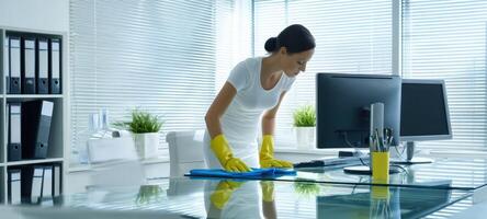 The woman cleaning the office workspace with bright yellow gloves. photo