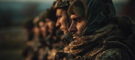 The soldiers standing in formation exhibiting camaraderie and determination at dusk. photo