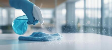 The hand spray cleaning a surface with a blue microfiber cloth. photo
