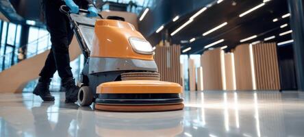 The cleaning machine gliding across a polished office floor in a modern facility. photo