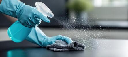 The process of cleaning a surface with a spray and cloth. photo
