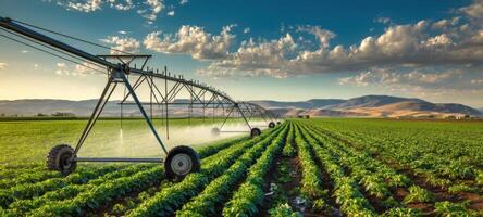 The irrigation system watering lush green crops in a picturesque agricultural landscape. photo