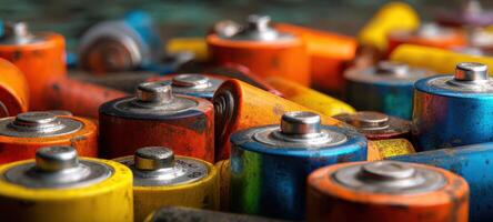 The colorful collection of old batteries stacked and arranged on a surface. photo