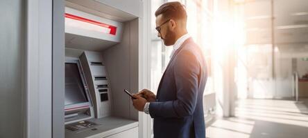 The modern businessman using a smartphone near an automated teller machine. photo