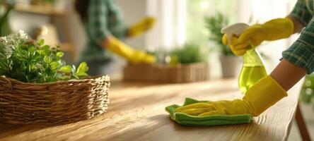 The vibrant scene of cleaning a wooden table with plants in a cozy home. photo
