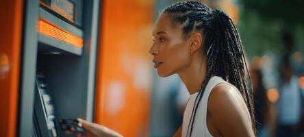 The woman interacting with an ATM in an urban setting, showcasing modern banking convenience. photo