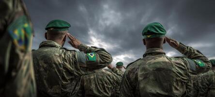 The soldiers saluting under a dramatic sky during a military ceremony. photo