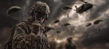 The soldier preparing for a high-stakes airborne operation against a dramatic backdrop. photo
