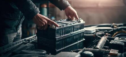 The technician carefully replaces a car battery in an illuminated workshop environment. photo