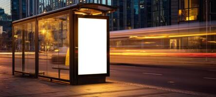 The bus station shelter with empty advertising space at night in the city. photo