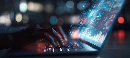 The laptop displaying vibrant digital data under a user's focused touch. photo