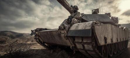 The tank in a dramatic military landscape with a soldier in combat readiness. photo