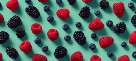The vibrant arrangement of assorted berries on a teal background. photo