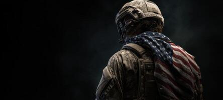 The soldier wearing an American flag, embodying strength and patriotism. photo