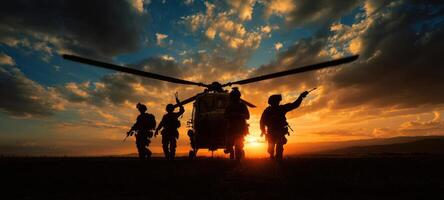 The soldiers silhouetted against a vibrant sunset by their helicopter photo