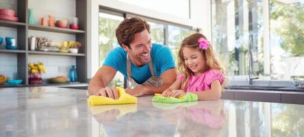 The joyful cleaning activity between a father and daughter in a modern kitchen photo