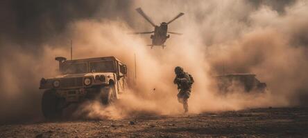 The soldier running through dust during a military operation with a helicopter overhead. photo