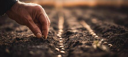 The hand planting seeds in rich soil for a fruitful harvest. photo