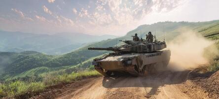 The military tank navigating mountainous terrain with soldiers onboard. photo