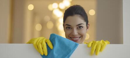 The cheerful woman cleaning and enjoying her household chores with bright colors. photo