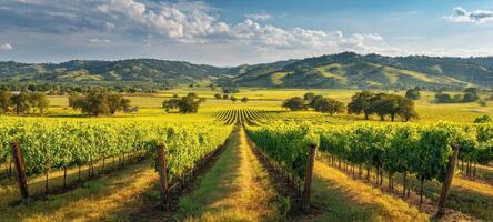 The beautiful vineyard landscape under a sunny sky with rolling hills. photo