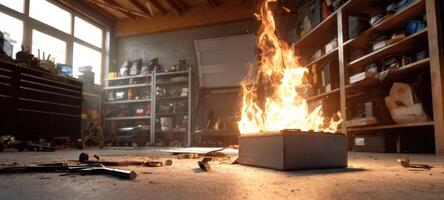 The fire igniting in a cluttered garage workspace full of tools and equipment. photo