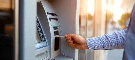 The person withdrawing cash from an ATM during a sunny day. photo