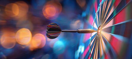 The dart striking the bullseye with vibrant colors and dynamic focus. photo