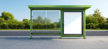 The modern bus stop with green architecture in a tranquil urban environment photo