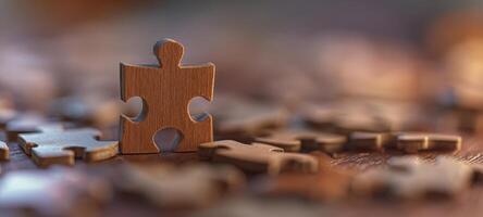 The wooden puzzle piece standing out amidst scattered jigsaw pieces on a table. photo