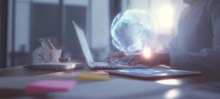 The digital world emerging from a laptop in an inspiring workspace. photo
