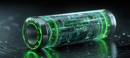 The futuristic battery with glowing circuits and transparent design showcasing advanced technology photo