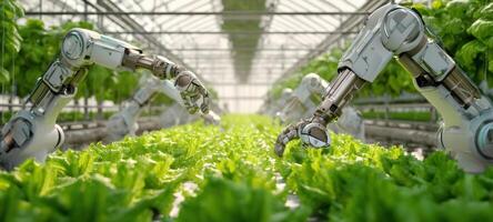 The robotic arms cultivating lettuce in a high-tech greenhouse environment. photo
